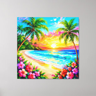 Tropische strand zonsondergang met palmbomen canvas afdruk