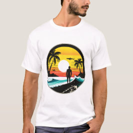Tropische strand zonsondergang silhouet retro kuns t-shirt