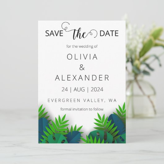 Tropische strandbestemming Bruiloft Save the Date Kaart (Staand voorkant)
