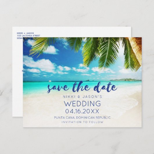 Tropische strandbestemming Weddenschap Opslaan dat Aankondigingskaart (Voorkant / Achterkant)
