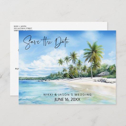 Tropische strandbestemming Weddenschap Opslaan dat Aankondigingskaart (Voorkant / Achterkant)