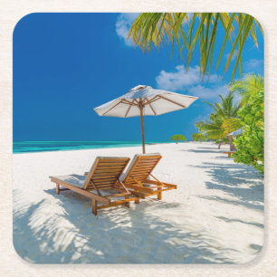 Tropische stranden   Lounge Chairs Beach, Bora Bor Vierkante Kartonnen Onderzetter