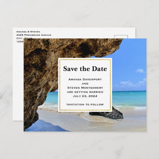 Tropische strandkust met een Big Rock Save the Dat Uitnodiging Briefkaart (Voorkant / Achterkant)