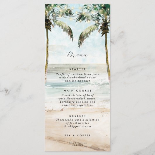 Tropische strandpalmen lichten bruiloft menukaarte menu (Voorkant)