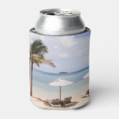 Tropische strandparasols: wit, palm. blikjeskoeler (Blikje Voorkant)