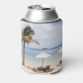 Tropische strandparasols: wit, palm. blikjeskoeler (Blikje Achterkant)