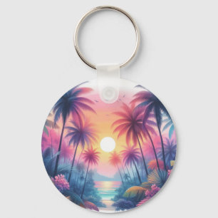 Tropische strandscène met roze zonsondergang sleutelhanger