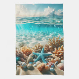 tropische strandschelpen en zeesterren theedoek