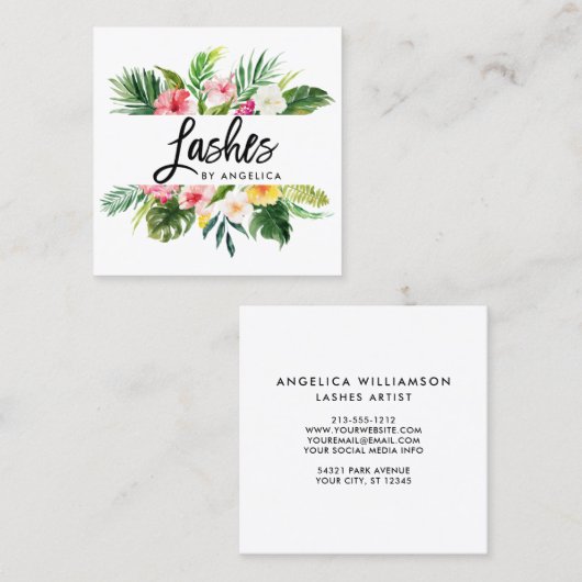 Tropische streepjes met penseelscript Waterverf Tr Vierkante Visitekaartje (Voorkant / Achterkant)