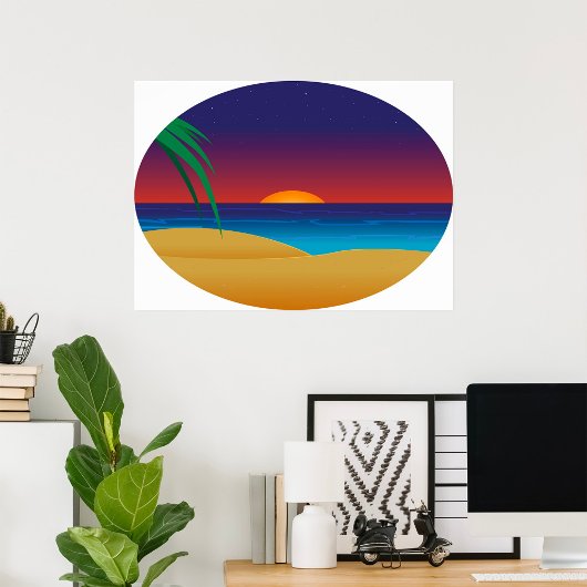 Tropische Sunset Beach Palm verlaat oceaangolven Poster