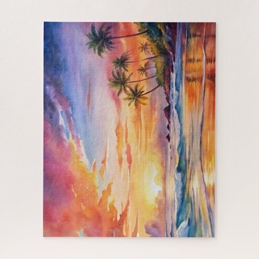 Tropische Sunset Beach Waterverf, Palm, Oceaan Legpuzzel (Verticaal)