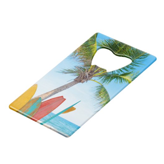 Tropische surfplankstrand Surfschool zomer Kredietkaart Flessenopener (Voorkant Gekanteld)