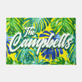 Tropische Surname Green Blue Yellow Monstera Leave Deurmat (Voorkant)