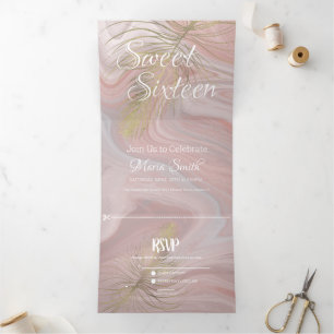 Tropische Sweet 16 Liquid Marble Agate Blush Roz Drieluik Uitnodiging