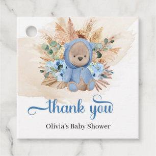 Tropische teddy draagt blauwe bloemen palm baby sh bedankjes labels