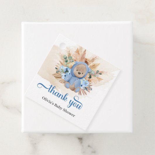 Tropische teddy draagt blauwe bloemen palm baby sh bedankjes labels (In situ)