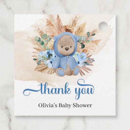 Tropische teddy draagt blauwe bloemen palm baby sh bedankjes labels (Achterkant)