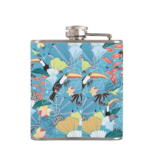 Tropische textuur met toucans en levende vogels heupfles (Achterkant)