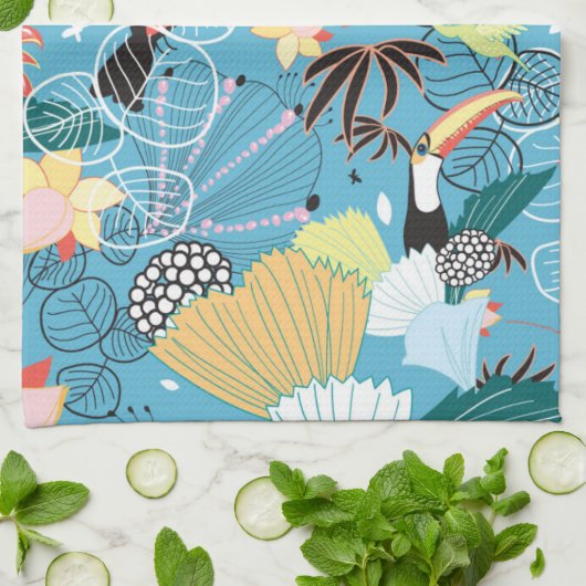 Tropische textuur met toucans en levende vogels theedoek (Gevouwen)