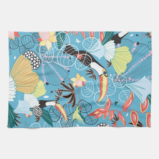 Tropische textuur met toucans en levende vogels theedoek (Horizontaal)