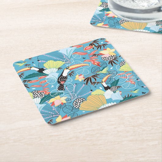 Tropische textuur met toucans en levende vogels vierkante kartonnen onderzetter (Schuin)