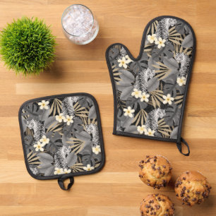 Tropische tijger Hawaiian Palm Oerwoud grijs Ovenwant & Pannenlap Set