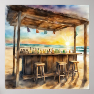 Tropische Tiki Bar bij zonsondergang - Waterverf V Poster