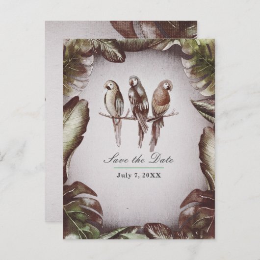 Tropische Tiki Vogels Papegaaien Bewaar de Datum Aankondigingskaart (Voorkant / Achterkant)