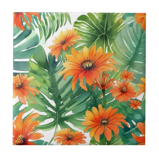 Tropische tithonia levendige Waterverf Tegeltje (Voorkant)