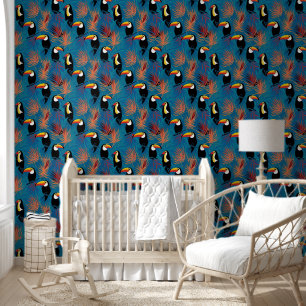 Tropische Toucan & Palm Leaf Patroon op Blauw Behang