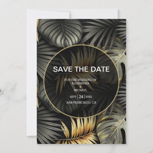 Tropische troepenbestemming zwart en goud save the date (Voorkant)