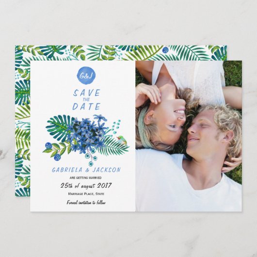 Tropische Tropen Bladeren | Bewaar de Datum Foto K Kaart (Voorkant / Achterkant)