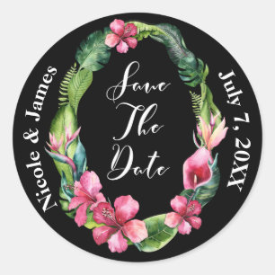 Tropische tuin bloemen & bladeren Save the Date Ronde Sticker