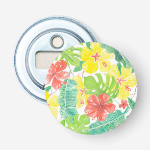 Tropische tuin, hibiscus plumeria en palmbladeren button flesopener