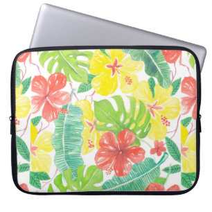 Tropische tuin, hibiscus plumeria en palmbladeren laptop sleeve