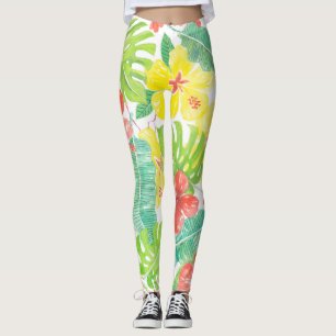 Tropische tuin, hibiscus plumeria en palmbladeren leggings