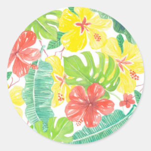 Tropische tuin, hibiscus plumeria en palmbladeren ronde sticker