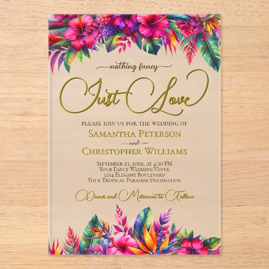 Tropische Tuin Levendige Hibiscus Hou Van Trouwen Acryl Uitnodigingen (Voorkant)