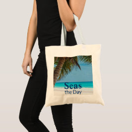 Tropische turquoise blauw strand scène Zeeen overd Tote Bag