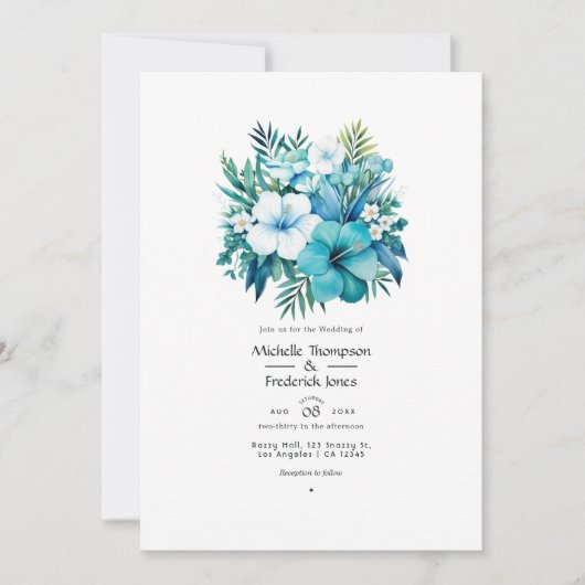 Tropische turquoise bloemen bruiloft uitnodiging (Voorkant)