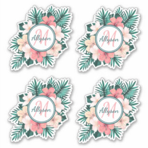Tropische varen Hibiscus Lijst Monogram Contour Sticker