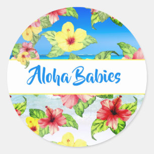 Tropische ventilatorkannen Aloha Baby shower Ronde Sticker