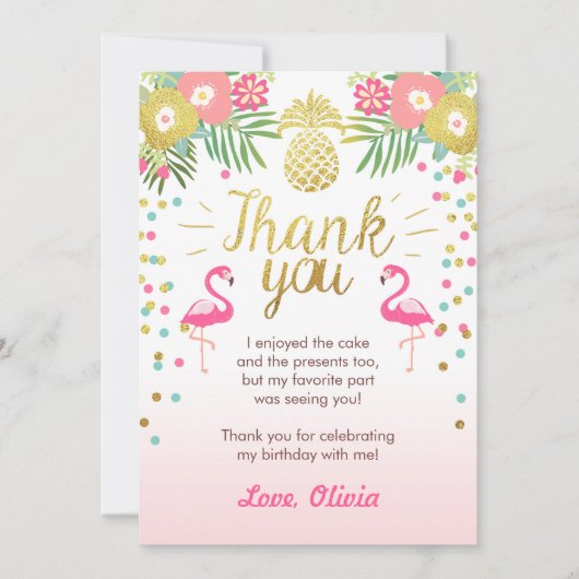Tropische verjaardag Dank u wel Luau Flamingo Bedankkaart (Voorkant)