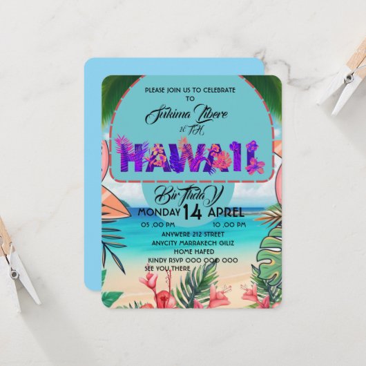 Tropische verjaardag uitnodiging Hawaii Uitnodigin (Voorkant / Achterkant in situ)