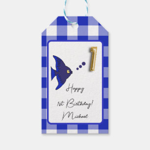 Tropische Vis, Blauwe Gingham Gelukkige 1e Verjaar Cadeaulabel