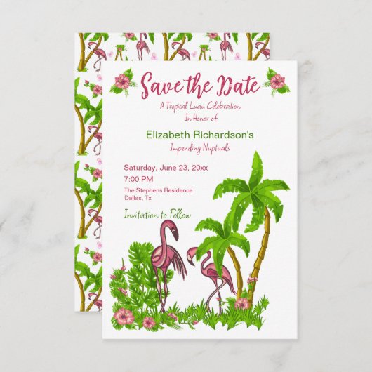Tropische vlamingos en bloemen sparen de Datum Kaart (Voorkant / Achterkant)