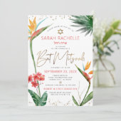Tropische Vleermuis Mitzvah Goud Script Bloemen Wa Kaart (Staand voorkant)