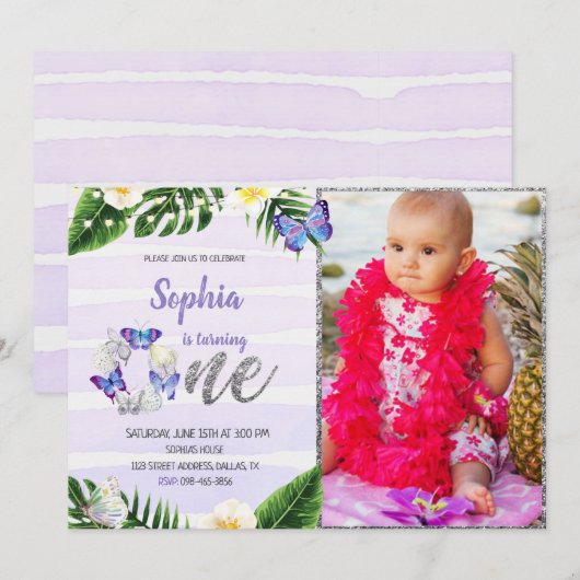 Tropische vlinderdag uitnodiging met foto (Voorkant / Achterkant)