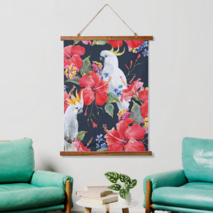 Tropische Vogel Waterverf Rode Hibiscus Bloem Hangend Wandkleed