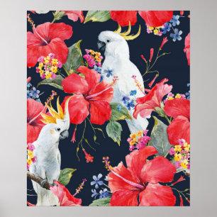 Tropische Vogel Waterverf Rode Hibiscus Bloem Poster